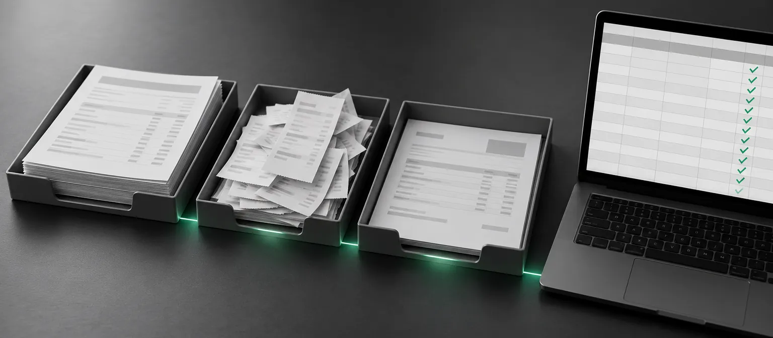 Bank statements, receipts, and an invoice in three trays, read into one spreadsheet with a check mark on every row